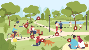 En illustrasjon av en park hvor folk gjør mange aktiviteter