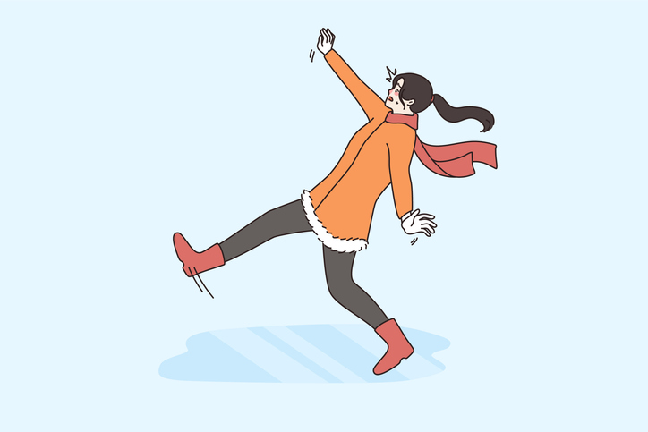 Young woman feeling slippery on ice in winter falling down with hands stretched trying to get balance vector illustration