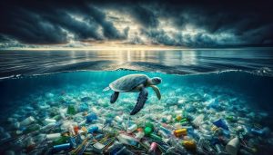 skilpadde som svømmer over søppel i havet
