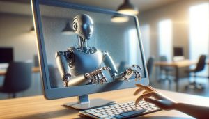 robot som stikker armene ut av en skjerm og holder dem over et tastatur.