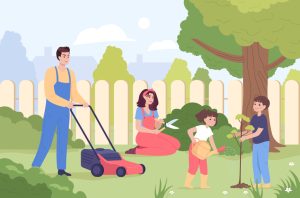 En familie som jobber i hagen med ulike aktiviteter