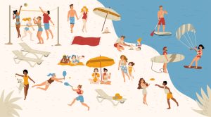Strand om sommeren med folk som gjør ulike aktiviteter