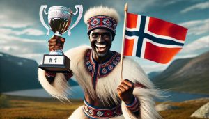 mann som golder pokal og norsk flagg i naturskjønne omgivelser