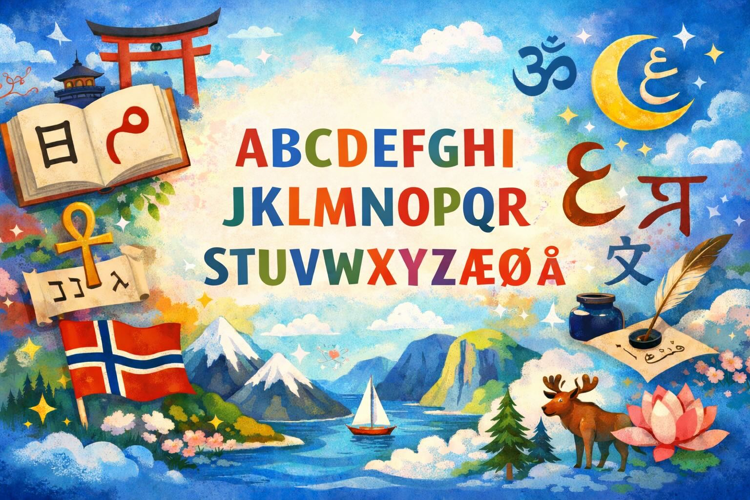 Alfabetet i fargede bokstaver.