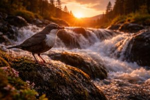 Fossekall i solnedgang