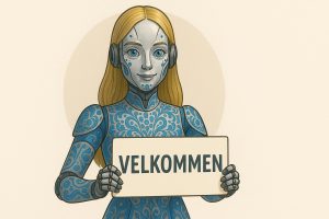 Robotkvinne holder opp plakat hvor det står "velkommen"