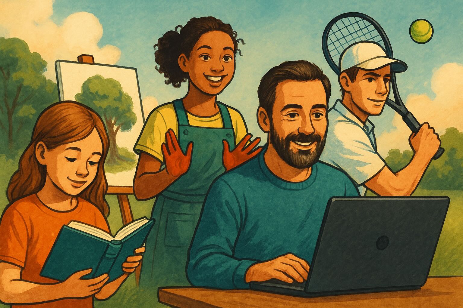 Mennesker driver med forskjellige aktiviteter. Lesing, tennis, laptop, maleri.