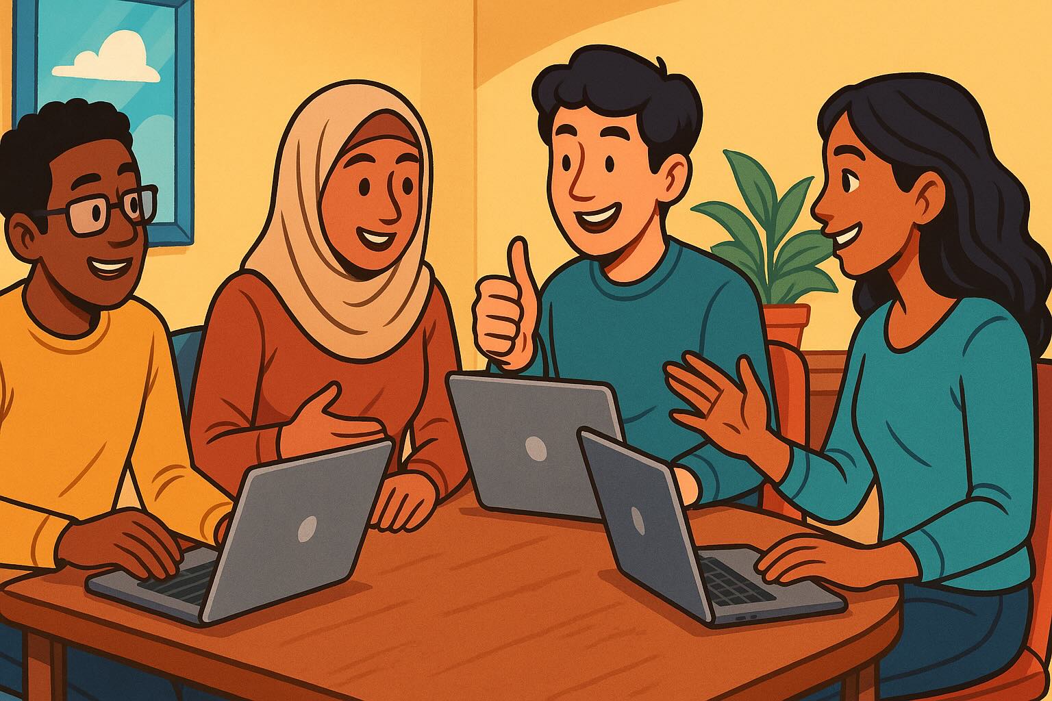 Fire mennesker sitter rundt et bord med laptopper.