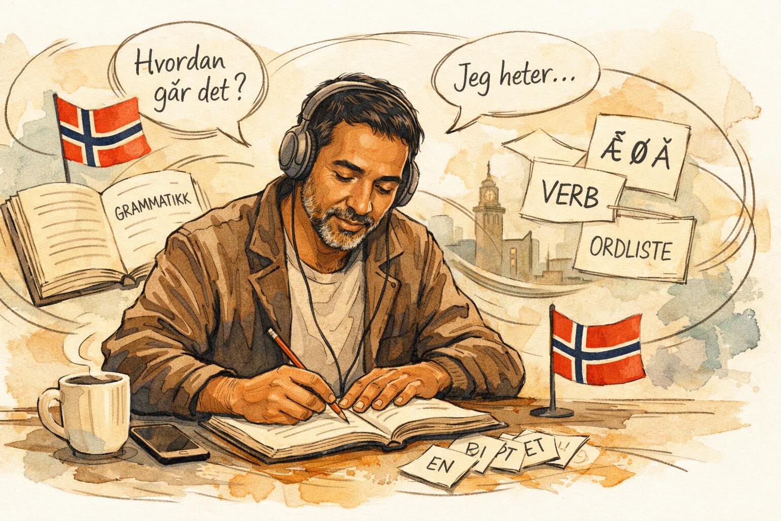 Mann studerer norsk. Sitter ved skrivebord med høretelefoner og leser og skriver.