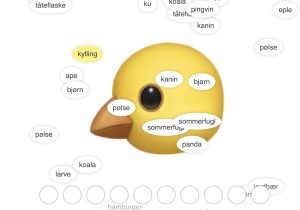 Kylling emoji. Det regner ord rundt den.
