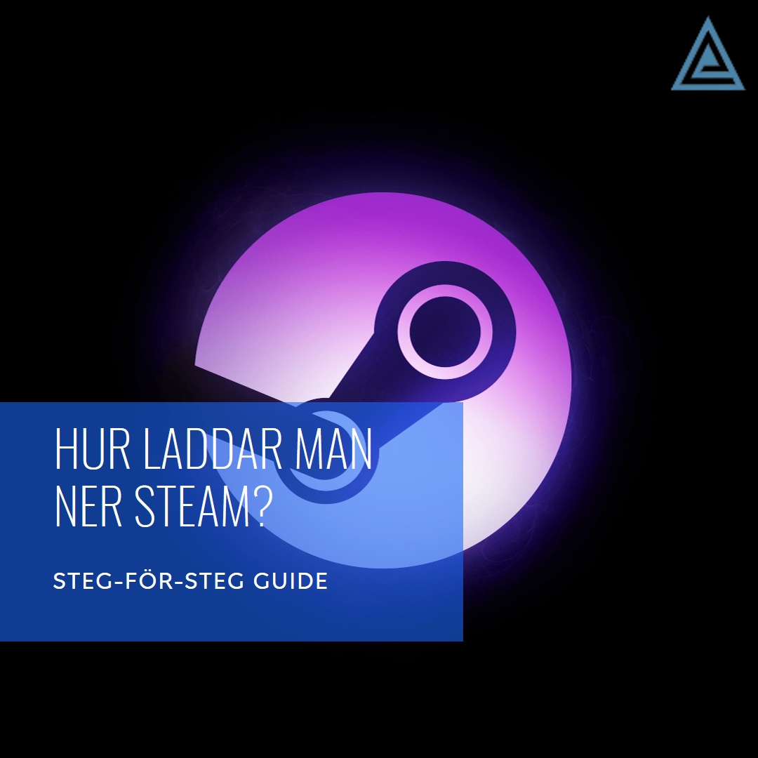 Grafisk bild med texten 'Hur laddar man ner Steam? Steg-för-steg guide' framför en mörk bakgrund med lila och blåa nyanser och Steam-logotypen. NotesOnMalwares logga syns i övre högra hörnet.