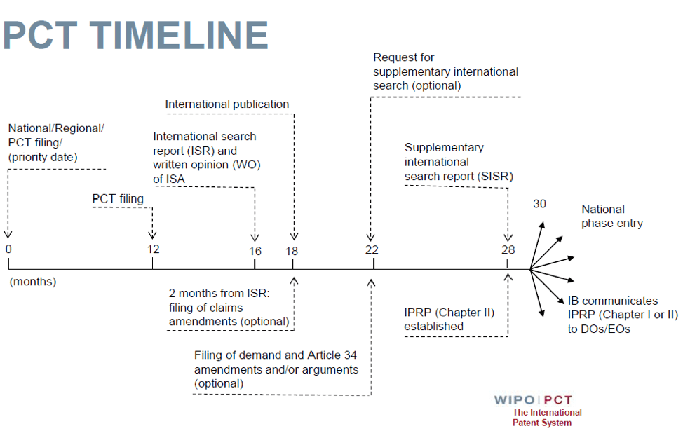 Illustration of the PCT patent filing process with national phase entry timeline.