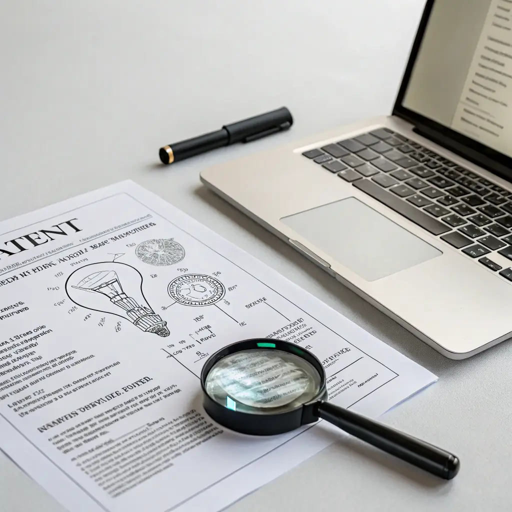 Patent search illustration showing technical patent documents, magnifying glass, and laptop for invention analysis and prior art review.