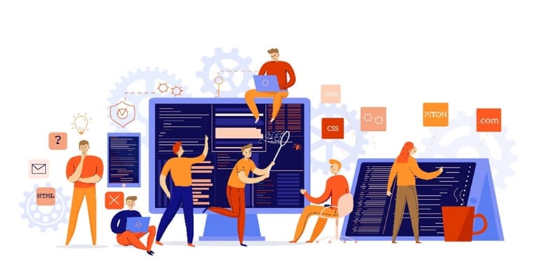 Illustration showing software developers collaborating on code, representing software development and patentable technology concepts