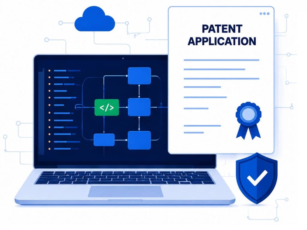 How to file a software patent in the USA — laptop with software flowchart, patent application, and USPTO filing