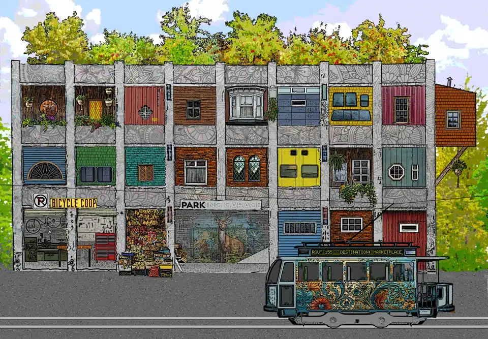 Vision for a repurposed parking garage. Credit: Jacob coffin, CC, Wikimedia Commons.