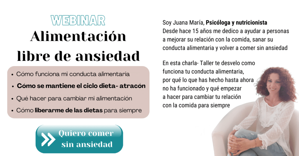 Banner del webinar alimentación libre de ansiedad con Juana María Fernandez Galbis sentada en una butaca e instrucciones