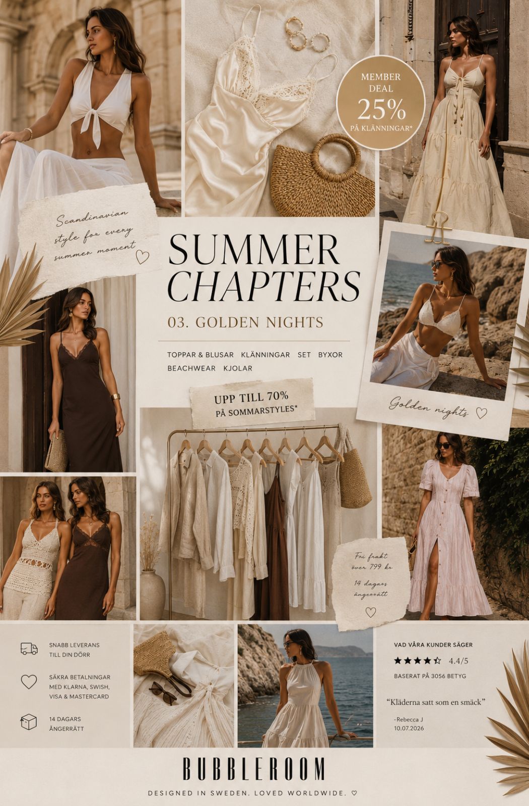Kollage från Bubbleroom Summer Chapters – Golden Nights med sommarklänningar, strandmode, linneset, accessoarer och skandinavisk sommarstil i beige och naturtoner.