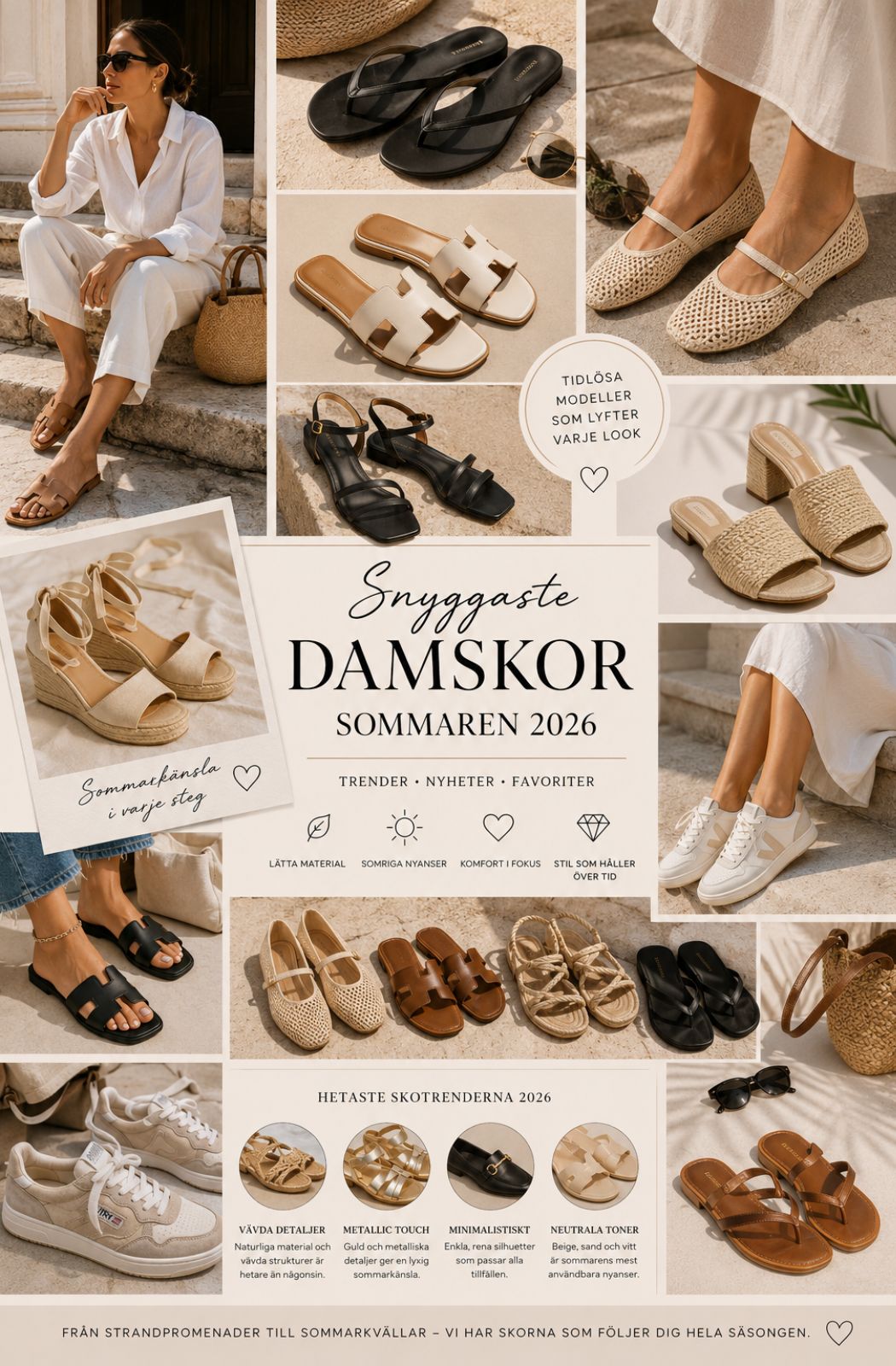 Kollage med sommarens snyggaste damskor 2026, inklusive sandaler, espadrillos, ballerinor, loafers, slip-ins, klackar och vita sneakers i en elegant skandinavisk sommarstil.