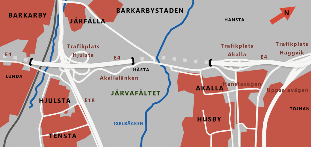 Karta över Förbifart Stockholms dragning över Järvafaltet