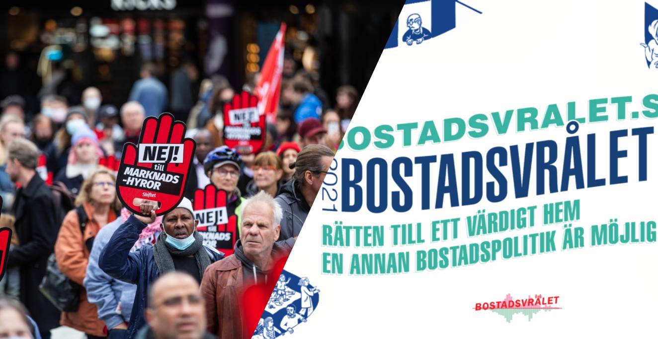 Bostadsvrålets logga och människor som demonstrerar mot marknadshyra