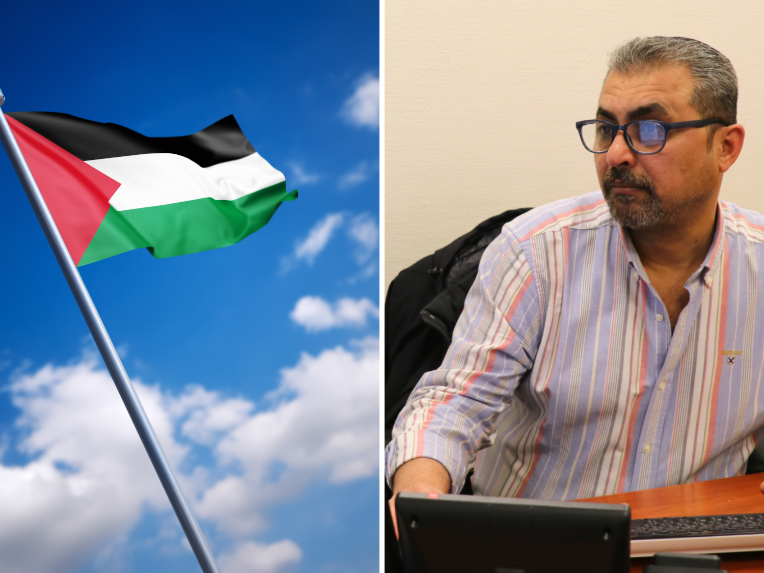 Till vänster: Palestinas flagga. Till höger: Palestinas ambassadör.