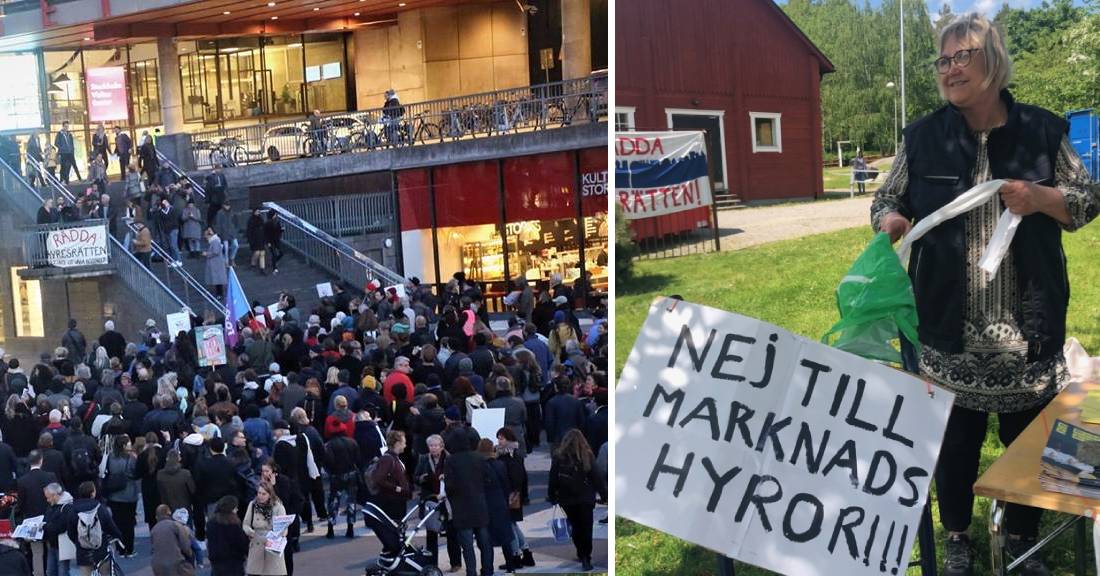 demonstration + en kvinna med plakat mot marknadshyror