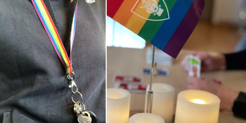 nyckelband i regnbågsfärger + värmeljus och regnbågsplagga på bord
