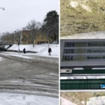 snöig väg + skyltar med info om försening