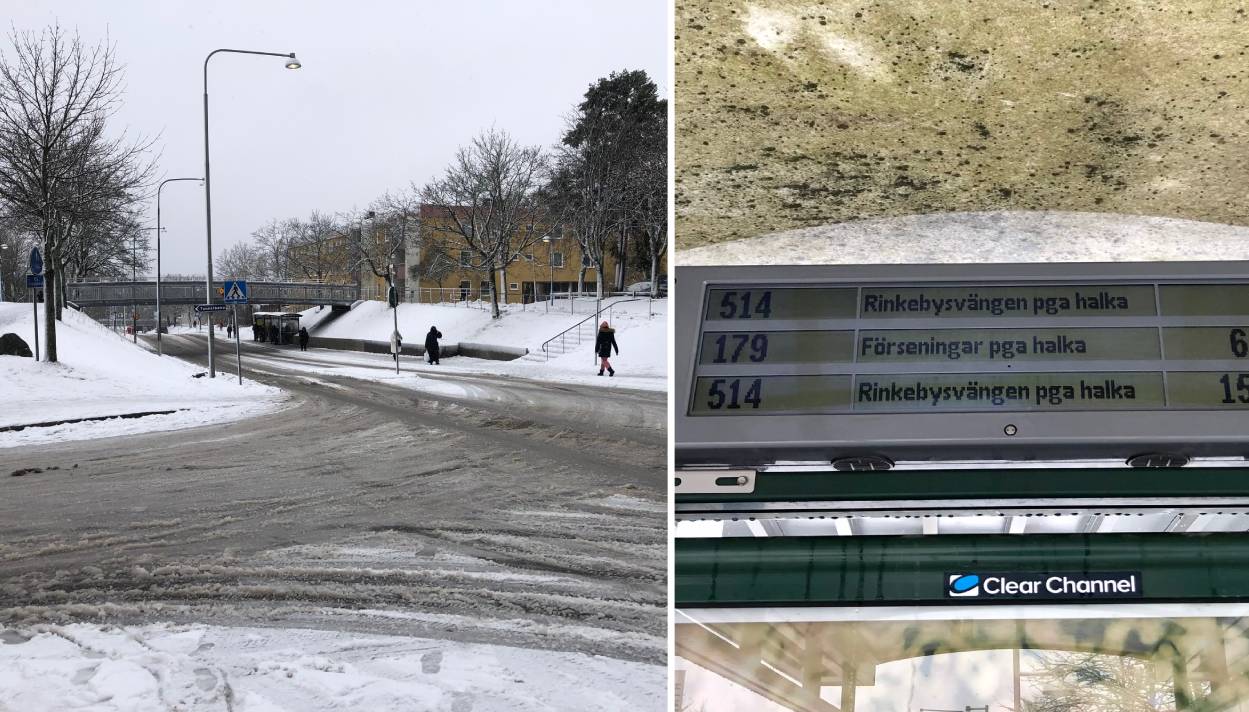 snöig väg + skyltar med info om försening