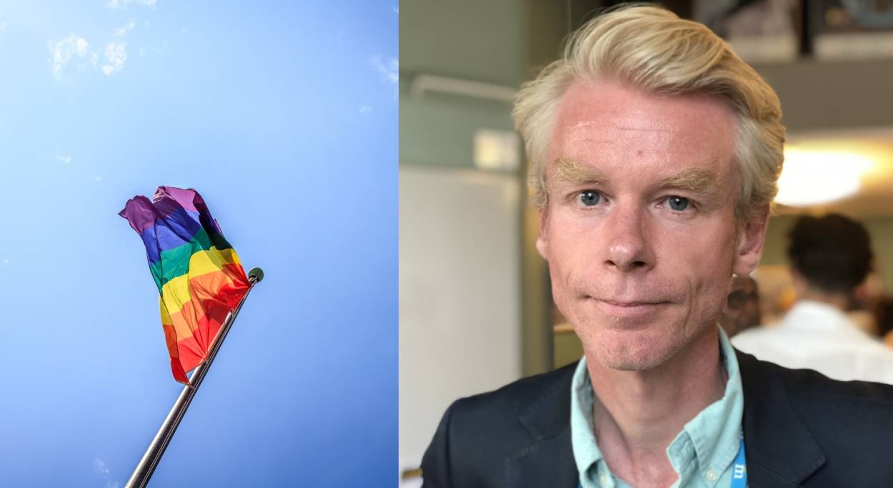 regnbågsflagga + porträtt av blond man