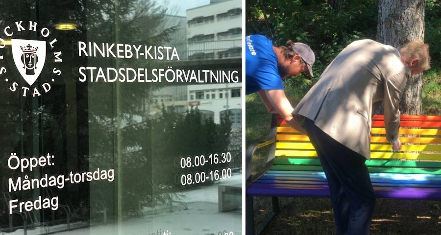 stadsdelsförvaltningens entré + två män målar bänk i regnbågsfärger