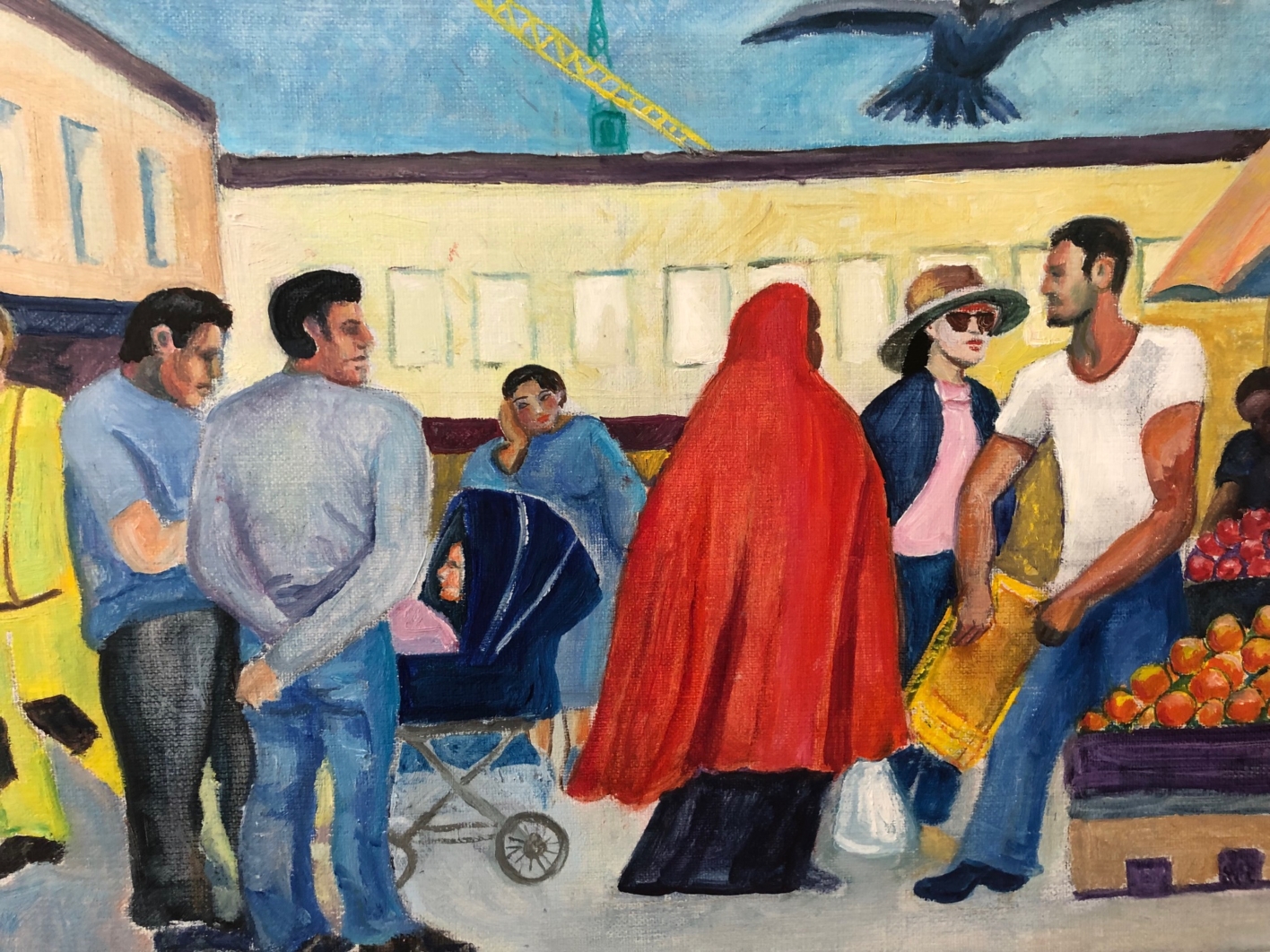 Målning av flera personer på ett torg
