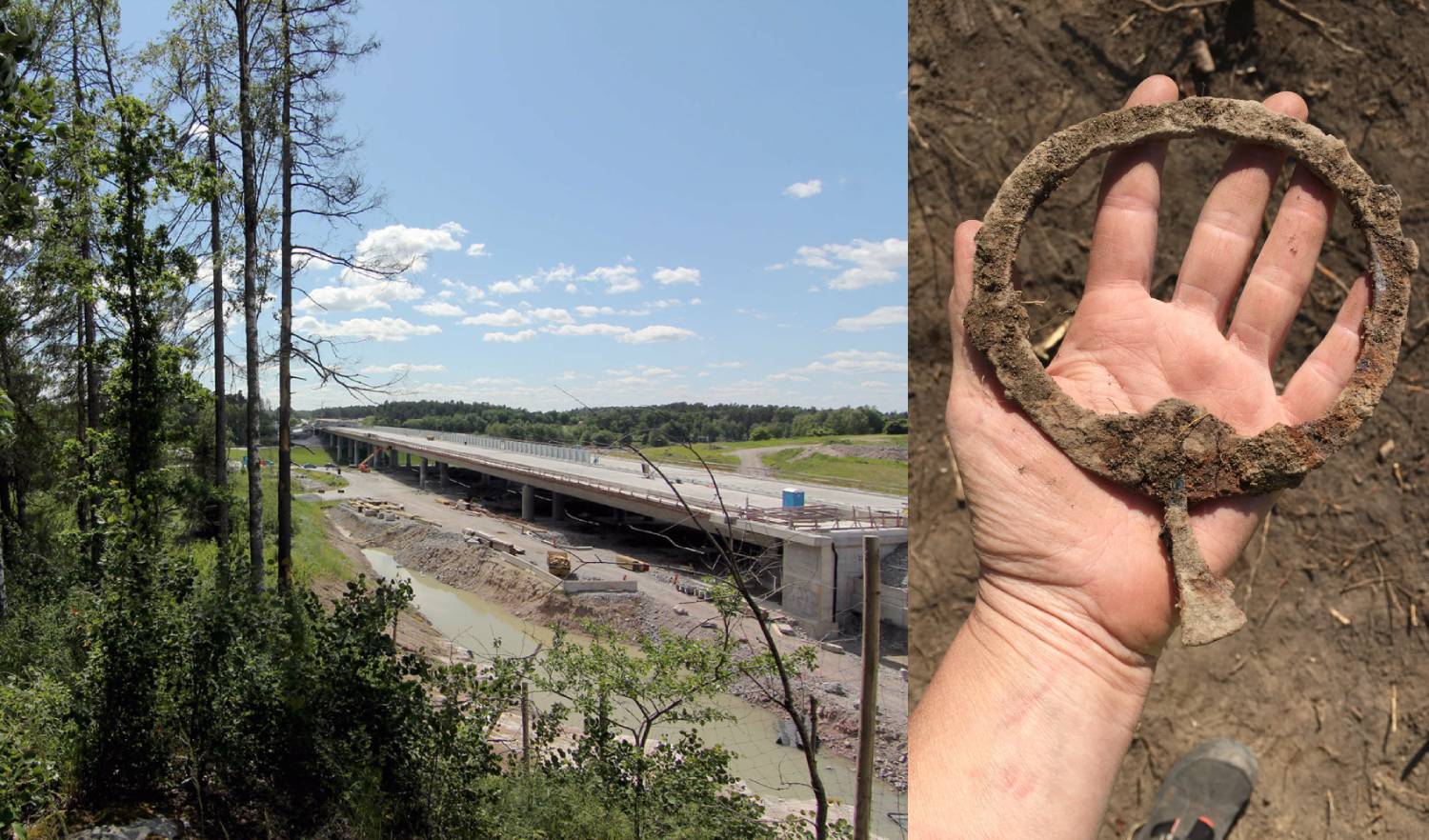 vägbygge + en hand som håller en stor rostig ring