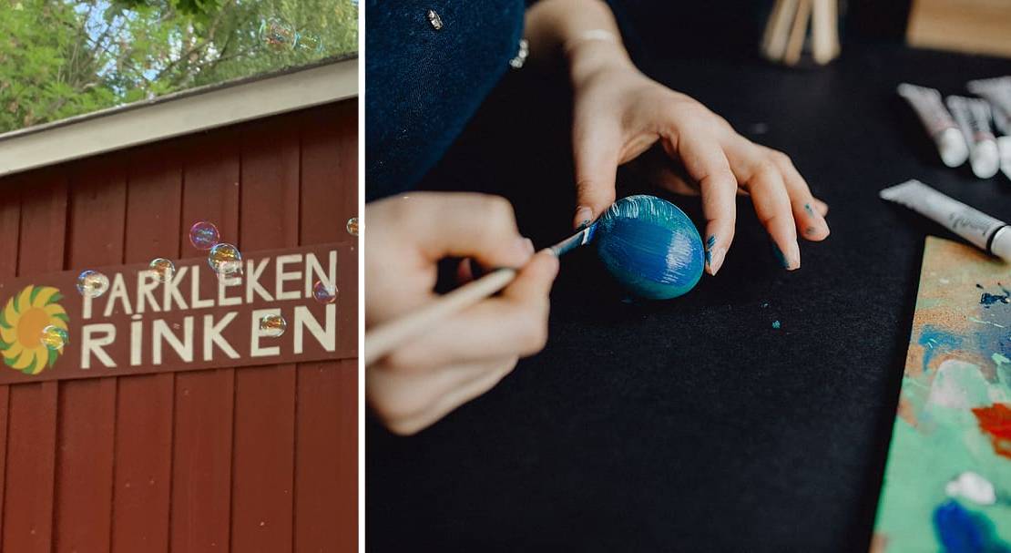 skylt från parkleken rinken + händer som målar ett ägg