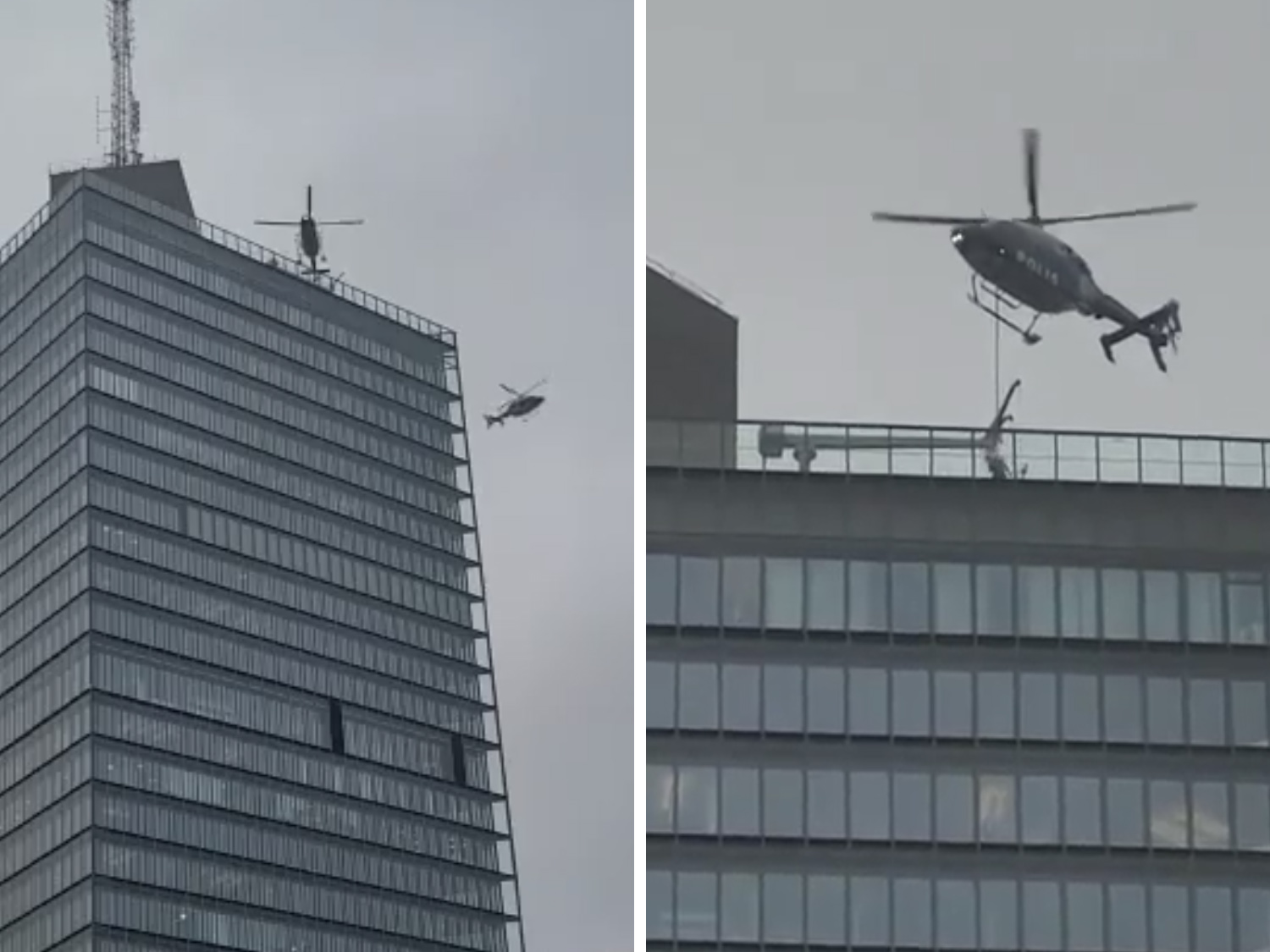 två svarta polishelikoptrar som flyger vid kista science tower