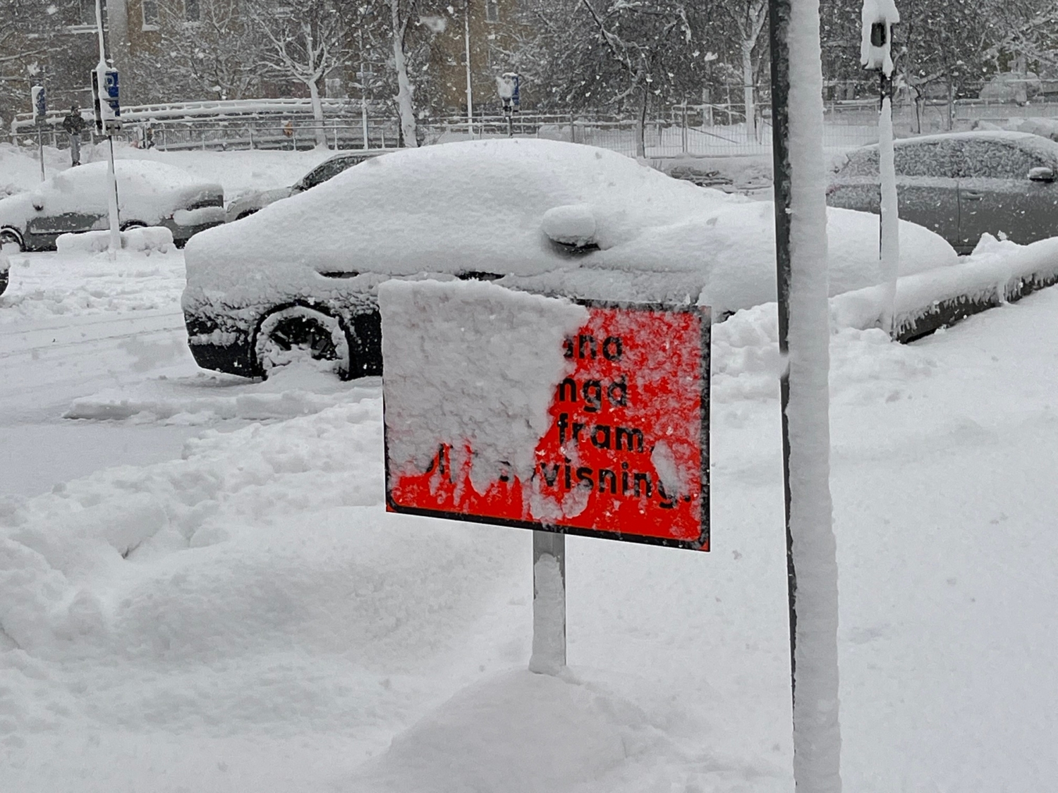 Parkerade bilar som är översnöade och en skult som knappt syns på grund av snön.