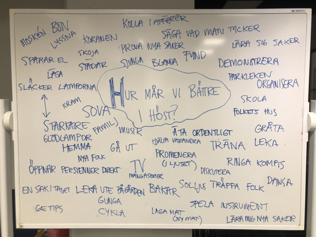 whiteboard med stor text i mitten: "Hur mår vi bättre i höst?" runtomkring står förslag som "moskén", "kram", "solljus", "gråta", "ringa kompis".