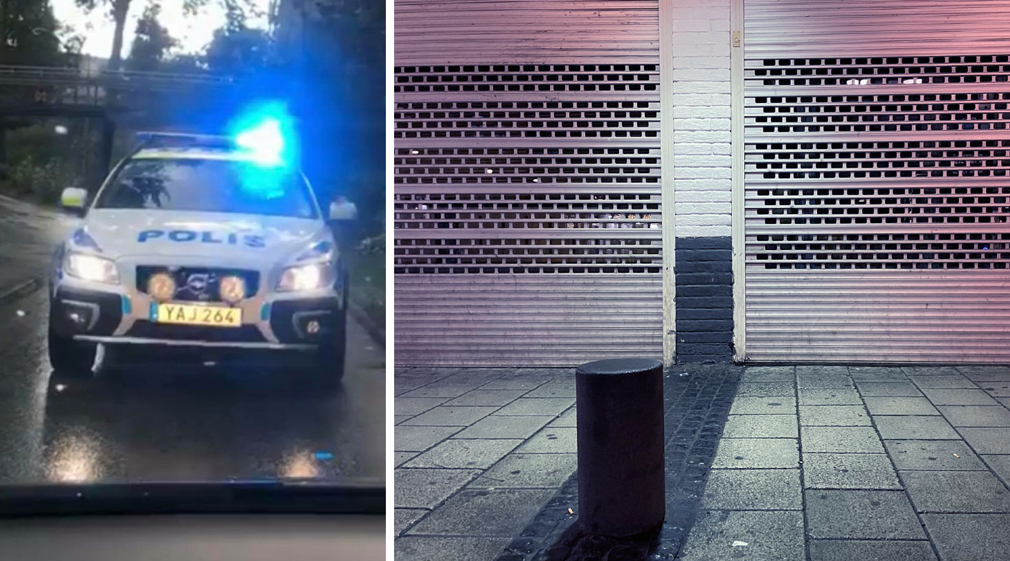 polisbil med blåljus och en vägg med neddragna ståljalusier
