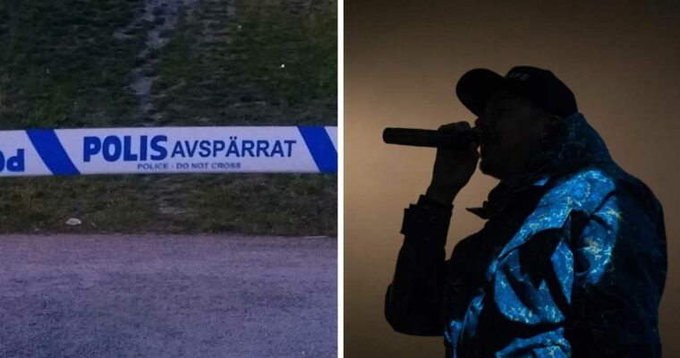 polisavspärrnig till vänster och en siluett av en rappare till höger