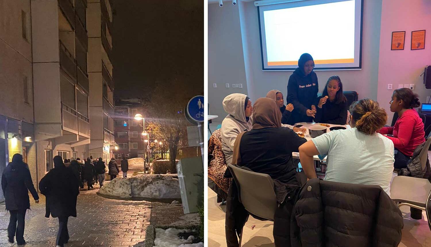 siluetter på en gångväg i bostadsområde och ungdomar som sitter vid ett bord