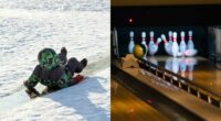 barn som åker kana i snö och bowlingkäglor