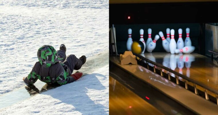 barn som åker kana i snö och bowlingkäglor