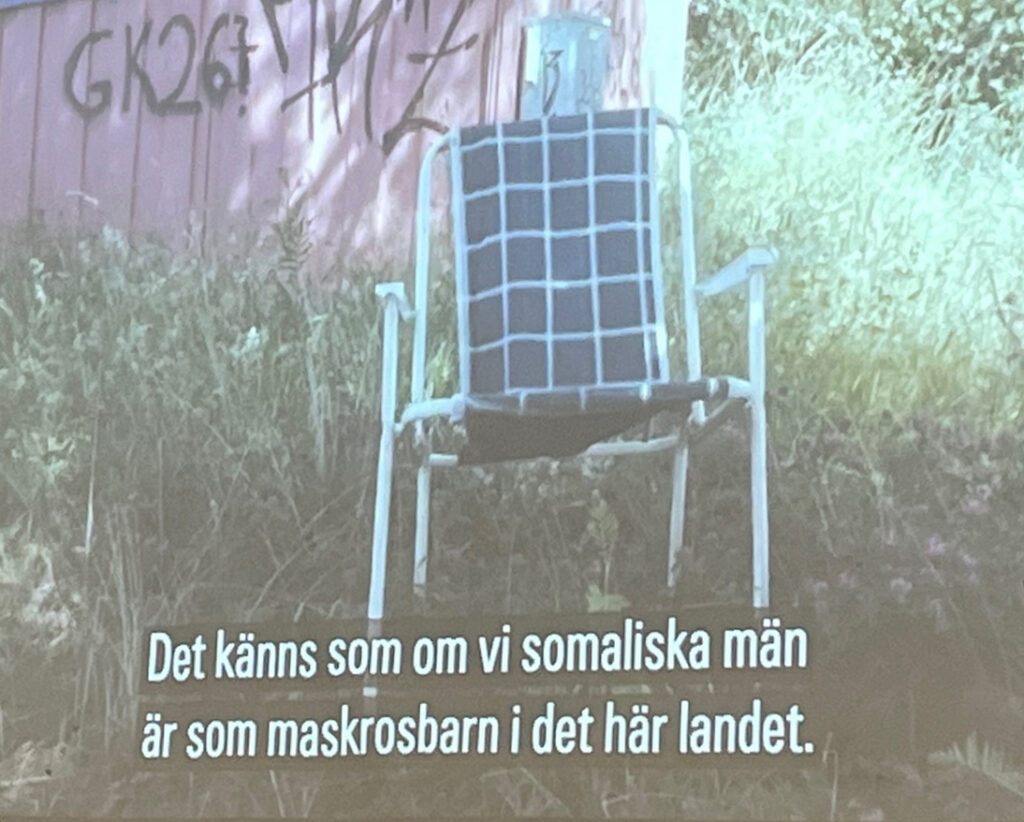 Somrig bild på en trädgårdsstol och undertexten "Det känns som om vi somaliska män är som maskrosbarn i det här landet."