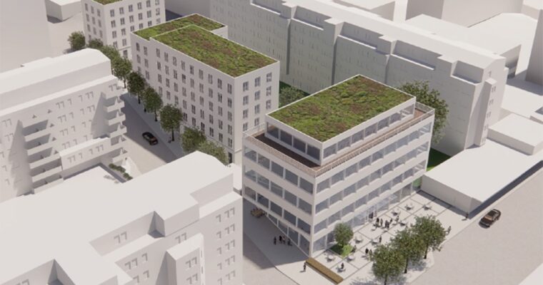 Byggaktörens förslag visat i 3D-modell över föreslagen bebyggelse och torgyta som möter Rinkebystråket.
