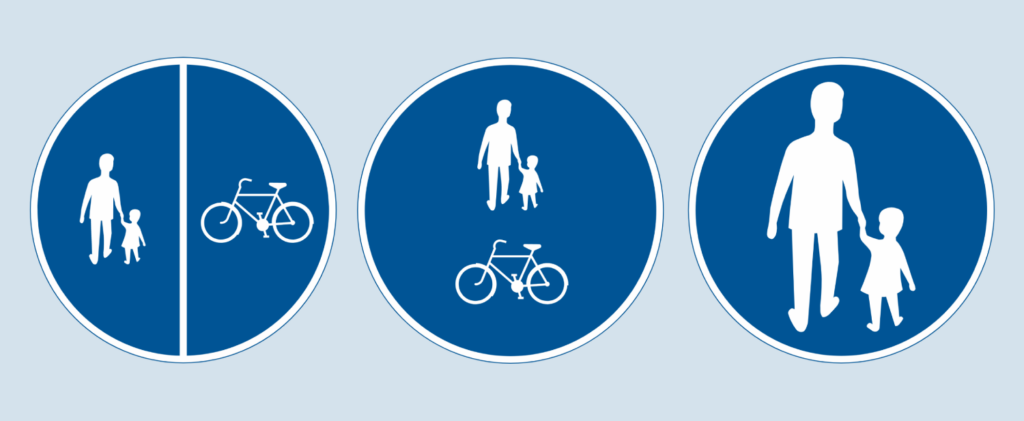 Skylt för separerad gång- och cykelbana, gemensam gång- och cykelabana, samt för gångbana