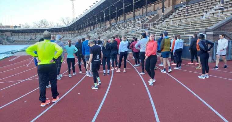 En stor grupp löpare på Stockholms stadion.