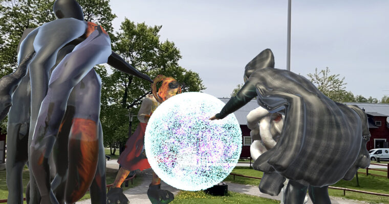 bild på AR-installation där fyra figurer utför magisk rit i luften kring en vit lysande boll på Husby gård