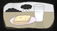 tecknad bild av en ostsmörgås och ett glas mjölk med mörk vinjett och mörka moln
