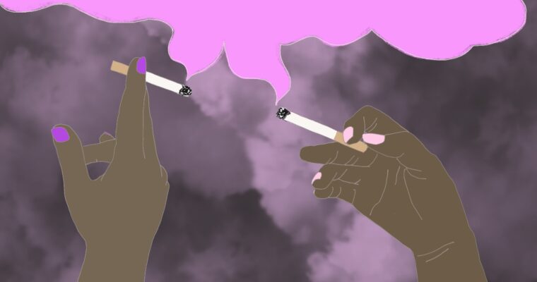 Tecknad bild av två händer som håller varsin cigarett